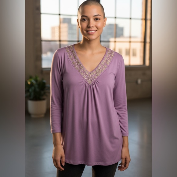 Susan Graver Purple V-Neck Beaded Tunic - Picture 1 of 3